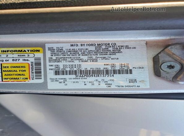 3FA6P0D94JR137254 2018 FORD FUSION Gray Вид наклейки з VIN-кодом