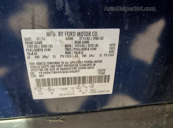 1FM5K7BHXGGC05267 2016 FORD EXPLORER Blue Vista interior de 360 grados