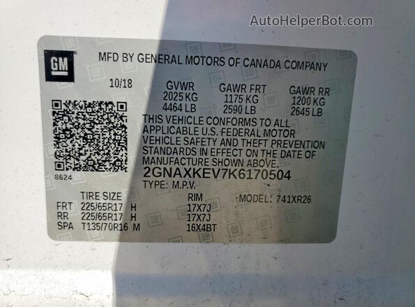 2GNAXKEV7K6170504 2019 CHEVROLET EQUINOX White 