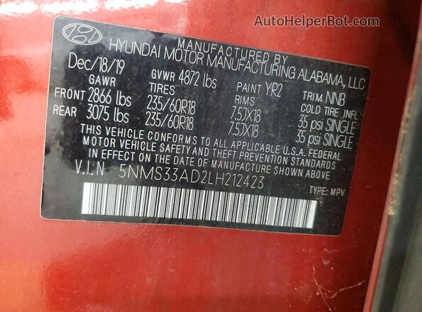 5NMS33AD2LH212423 2020 HYUNDAI SANTA FE Orange Vista de la etiqueta del VIN