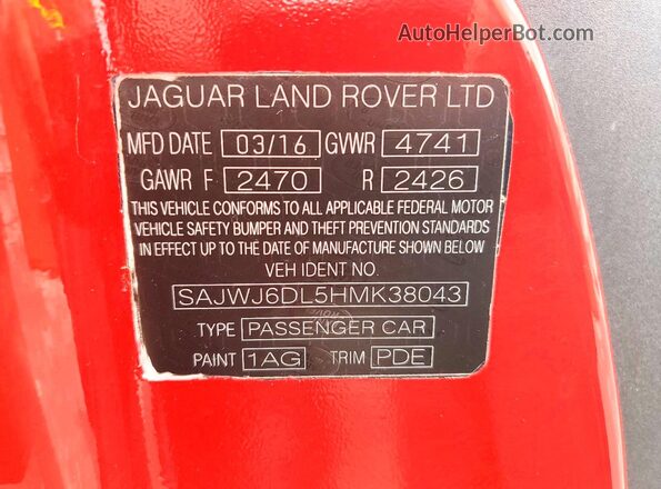 SAJWJ6DL5HMK38043 2017 JAGUAR F-TYPE Red Widok naklejki z numerem VIN