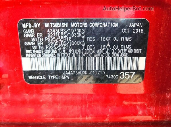 JA4AR3AU3KU011710 2019 MITSUBISHI OUTLANDER Red VIN sticker view