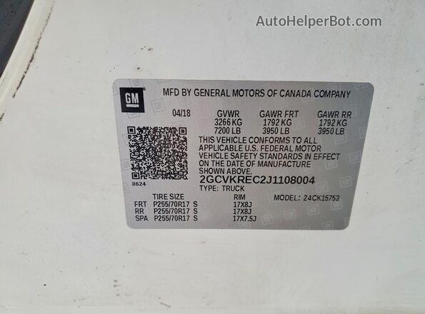 2GCVKREC2J1108004 2018 CHEVROLET SILVERADO White Vista de la etiqueta del VIN