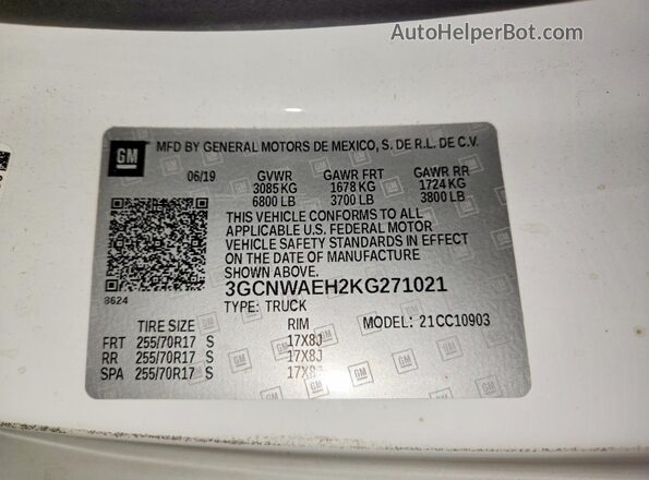 3GCNWAEH2KG271021 2019 CHEVROLET SILVERADO White VIN կոդի պիտակի տեսք