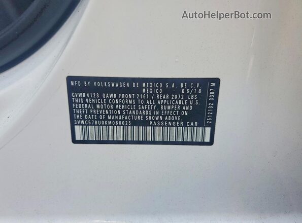 3VWC57BU0KM060025 2019 VOLKSWAGEN JETTA White Widok naklejki z numerem VIN