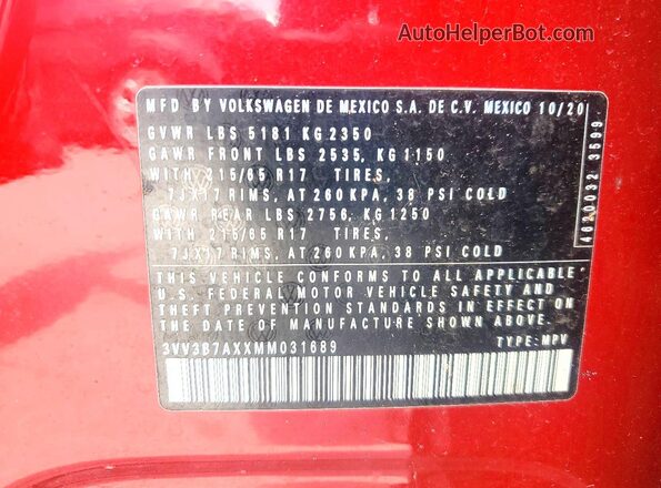 3VV3B7AXXMM031689 2021 VOLKSWAGEN TIGUAN Красный Панорамный вид салона 360°