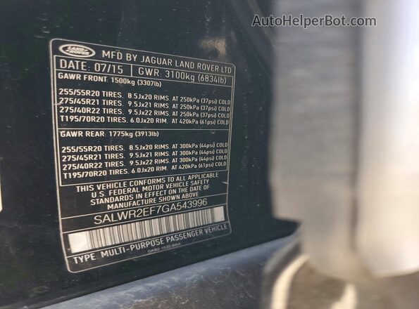 SALWR2EF7GA543996 2016 LAND ROVER RANGE Black VIN კოდის სტიკერის ხედი