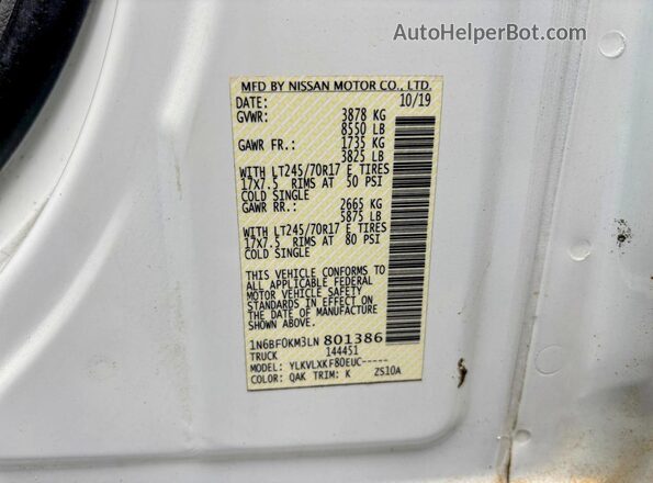 1N6BF0KM3LN801386 2020 NISSAN NV White Rear interior view