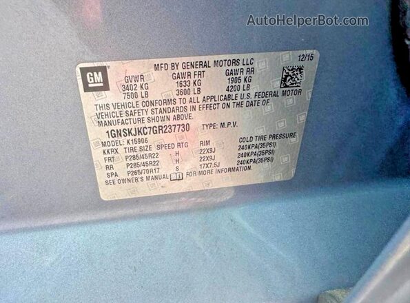1GNSKJKC7GR237730 2016 CHEVROLET SUBURBAN Blue Vista de la etiqueta del VIN