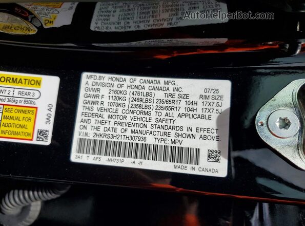2HKRS3H21TH307936 2026 HONDA CR-V Черный Вид наклейки с VIN-кодом