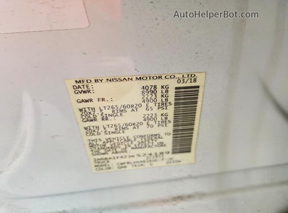 1N6BA1F42JN524189 2018 NISSAN TITAN White VIN կոդի պիտակի տեսք