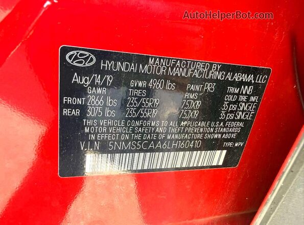 5NMS5CAA6LH160410 2020 HYUNDAI SANTA FE Red VIN კოდის სტიკერის ხედი