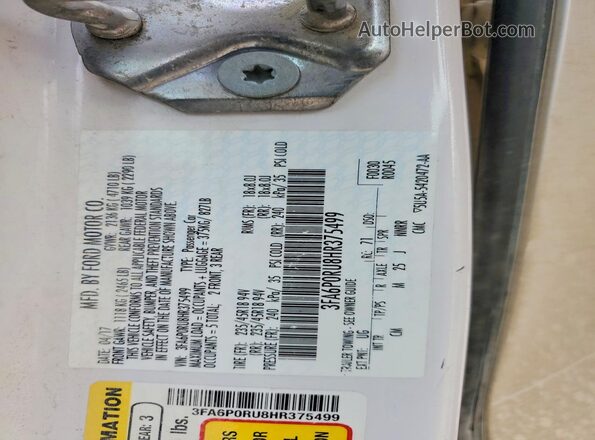 3FA6P0RU8HR375499 2017 FORD FUSION White Vista de la etiqueta del VIN