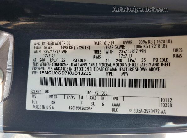 1FMCU0GD7KUB13235 2019 FORD ESCAPE Серый Панорамный вид салона 360°