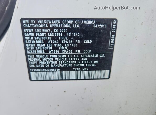 1V2KR2CA6JC566810 2018 VOLKSWAGEN ATLAS White 