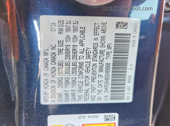 2HKRS6H89SH806908 2025 HONDA CR-V Blue 360 interior view