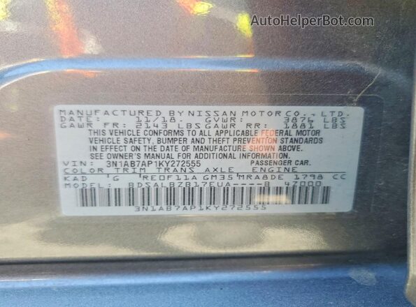 3N1AB7AP1KY272555 2019 NISSAN SENTRA Gray Widok naklejki z numerem VIN