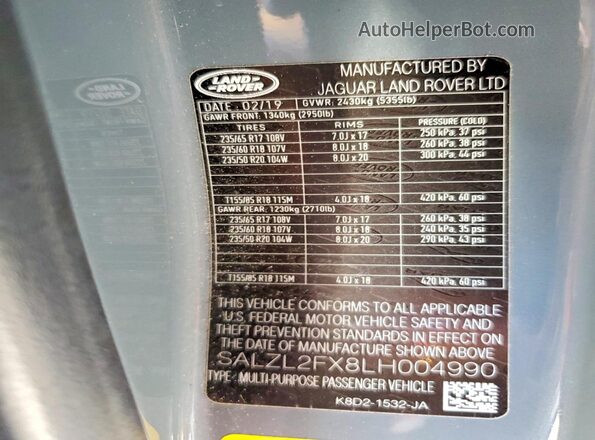 SALZL2FX8LH004990 2020 LAND ROVER RANGE Gray სალონის 360-გრადუსიანი ხედი