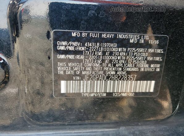JF2GPADC2H8228357 2017 SUBARU CROSSTREK Black Widok naklejki z numerem VIN