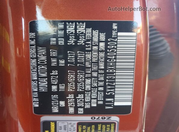 5XYZT3LBXHG405902 2017 HYUNDAI SANTA FE Orange Вид наклейки з VIN-кодом
