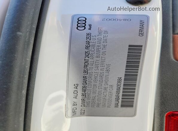 WAUABAF46MA053684 2021 AUDI A4 White VIN კოდის სტიკერის ხედი