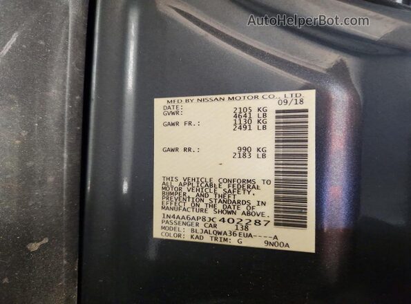 1N4AA6AP8JC402287 2018 NISSAN MAXIMA Gray Vista de la etiqueta del VIN