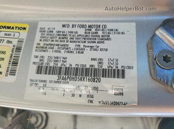 3FA6P0HD5KR160820 2019 FORD FUSION Silver Панорамний вид салону 360°