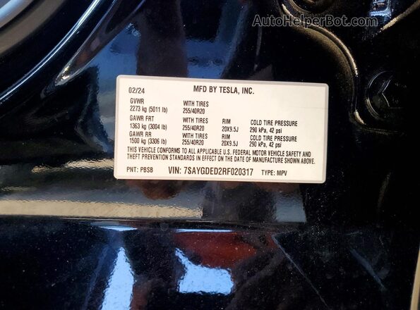 7SAYGDED2RF020317 2024 TESLA MODEL Black Vista de la etiqueta del VIN