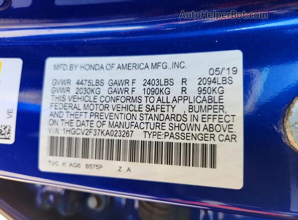 1HGCV2F37KA023267 2019 HONDA ACCORD Синий Вид наклейки с VIN-кодом