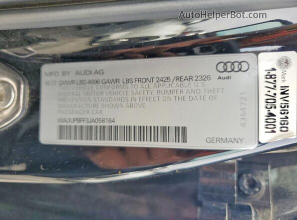WAUUPBFF3JA058164 2018 AUDI A3 Black VIN sticker view