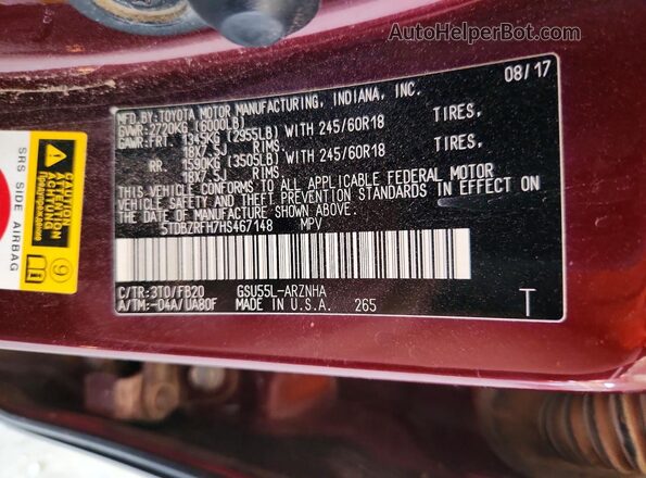 5TDBZRFH7HS467148 2017 TOYOTA HIGHLANDER Burgundy 