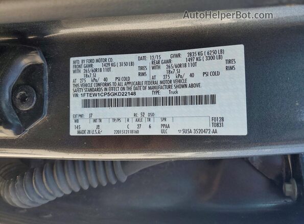 1FTEW1CP5GKD22148 2016 FORD F150 Gray Vista de la etiqueta del VIN