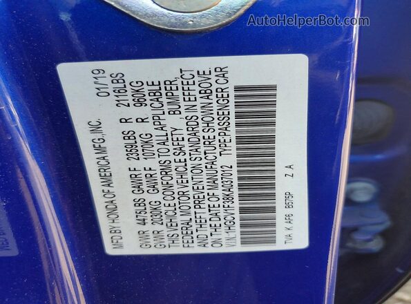 1HGCV1F38KA037012 2019 HONDA ACCORD Blue Widok naklejki z numerem VIN