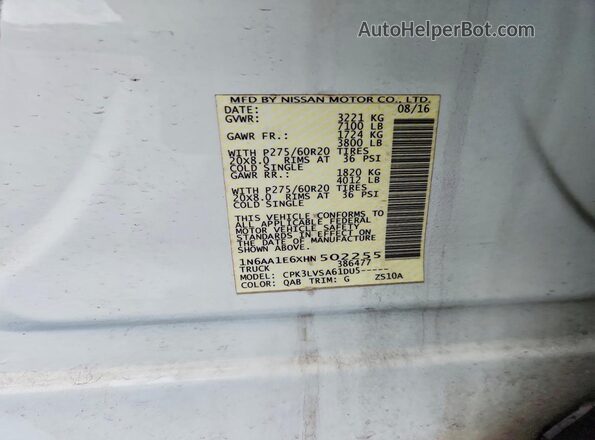 1N6AA1E6XHN502255 2017 NISSAN TITAN White VIN sticker view