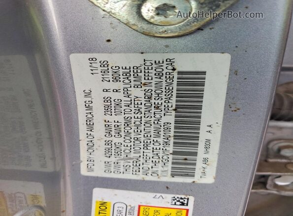 1HGCV1F19KA010979 2019 HONDA ACCORD Silver Widok naklejki z numerem VIN