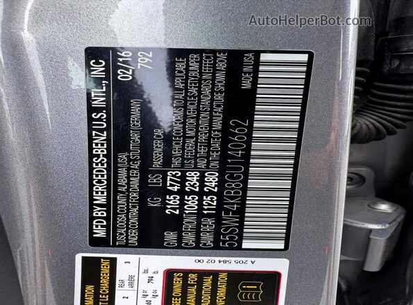 55SWF4KB8GU140662 2016 MERCEDES-BENZ C-CLASS Silver VIN კოდის სტიკერის ხედი