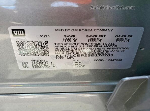 KL47LCEP2SB174263 2025 BUICK ALL Silver VIN կոդի պիտակի տեսք