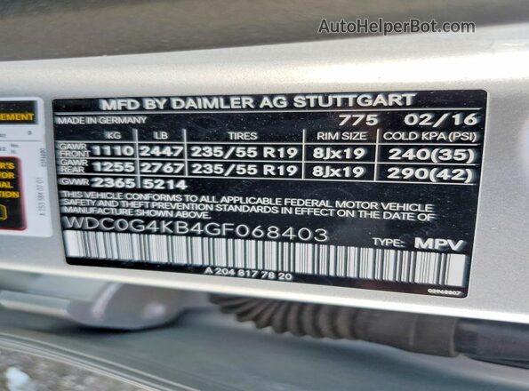 WDC0G4KB4GF068403 2016 MERCEDES-BENZ GLC-CLASS Silver VIN კოდის სტიკერის ხედი