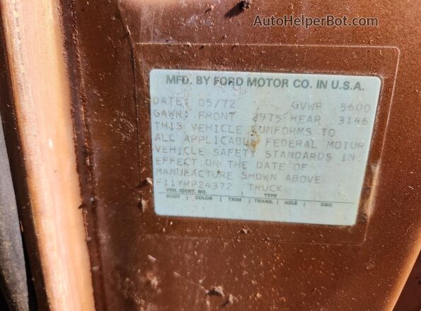 F11YRP24372 1972 FORD F100 Tan Widok komory silnika