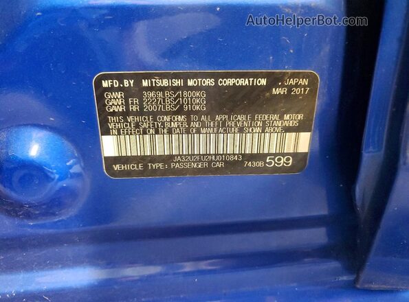 JA32U2FU2HU010843 2017 MITSUBISHI LANCER Blue ძრავის განყოფილების ხედი