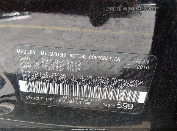 JA32U2FU3HU007577 2017 MITSUBISHI LANCER Black Widok komory silnika
