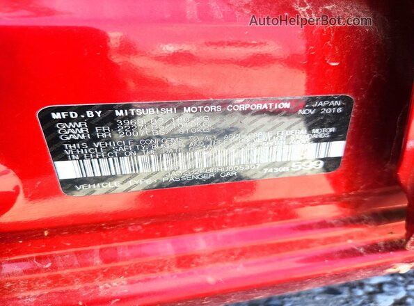 JA32U2FU8HU005307 2017 MITSUBISHI LANCER Red VIN კოდის სტიკერის ხედი