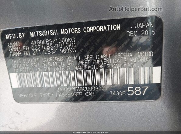 JA32V2FW4GU006001 2016 MITSUBISHI LANCER Silver Vista del compartimento del motor