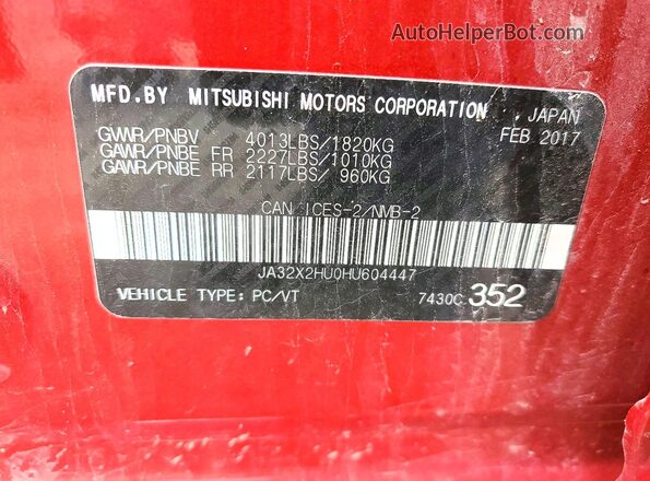 JA32X2HU0HU604447 2017 MITSUBISHI LANCER Red Вид підкапотного простору