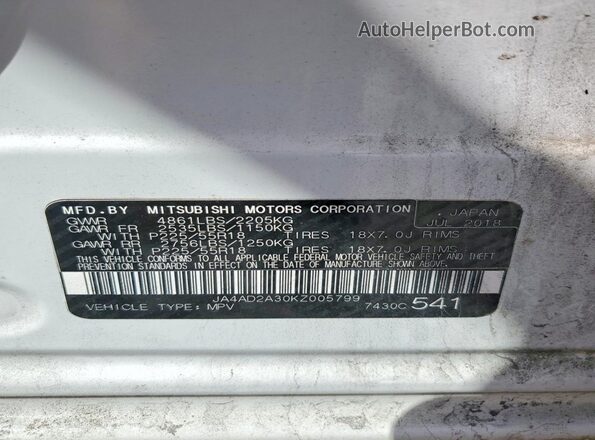 JA4AD2A30KZ005799 2019 MITSUBISHI OUTLANDER Белый Вид наклейки с VIN-кодом
