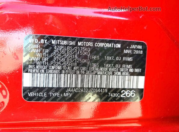 JA4AD2A32JZ054419 2018 MITSUBISHI OUTLANDER Красный Вид наклейки с VIN-кодом