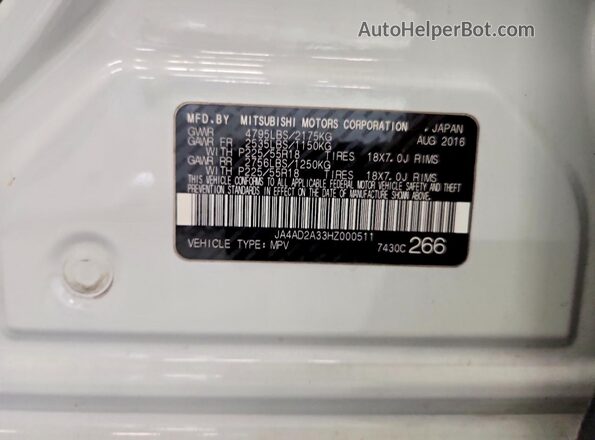 JA4AD2A33HZ000511 2017 MITSUBISHI OUTLANDER White VIN sticker view