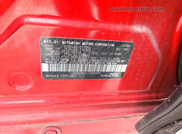 JA4AD2A33JZ033448 2018 MITSUBISHI OUTLANDER Red VIN კოდის სტიკერის ხედი