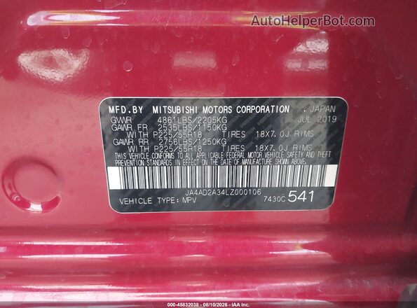 JA4AD2A34LZ000106 2020 MITSUBISHI OUTLANDER Red Вид підкапотного простору