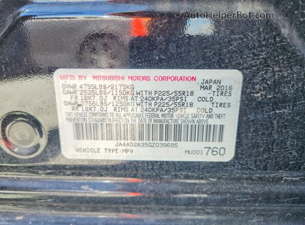 JA4AD2A35GZ039695 2016 MITSUBISHI OUTLANDER Black Вид наклейки з VIN-кодом